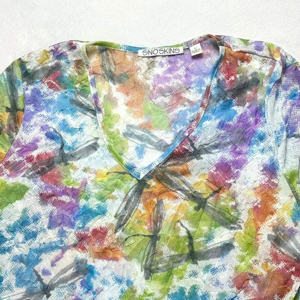 Snoskins Dragonfly Watercolor Print V-Neck Sharkbite Hem Top Multi Color Large - Picture 3 of 4